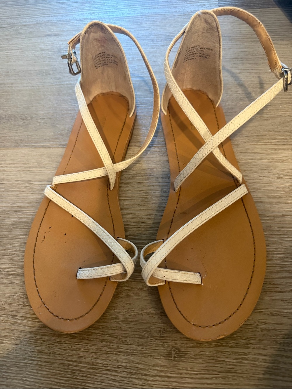 Express White Strappy Flat Sandals with Tan Footbed